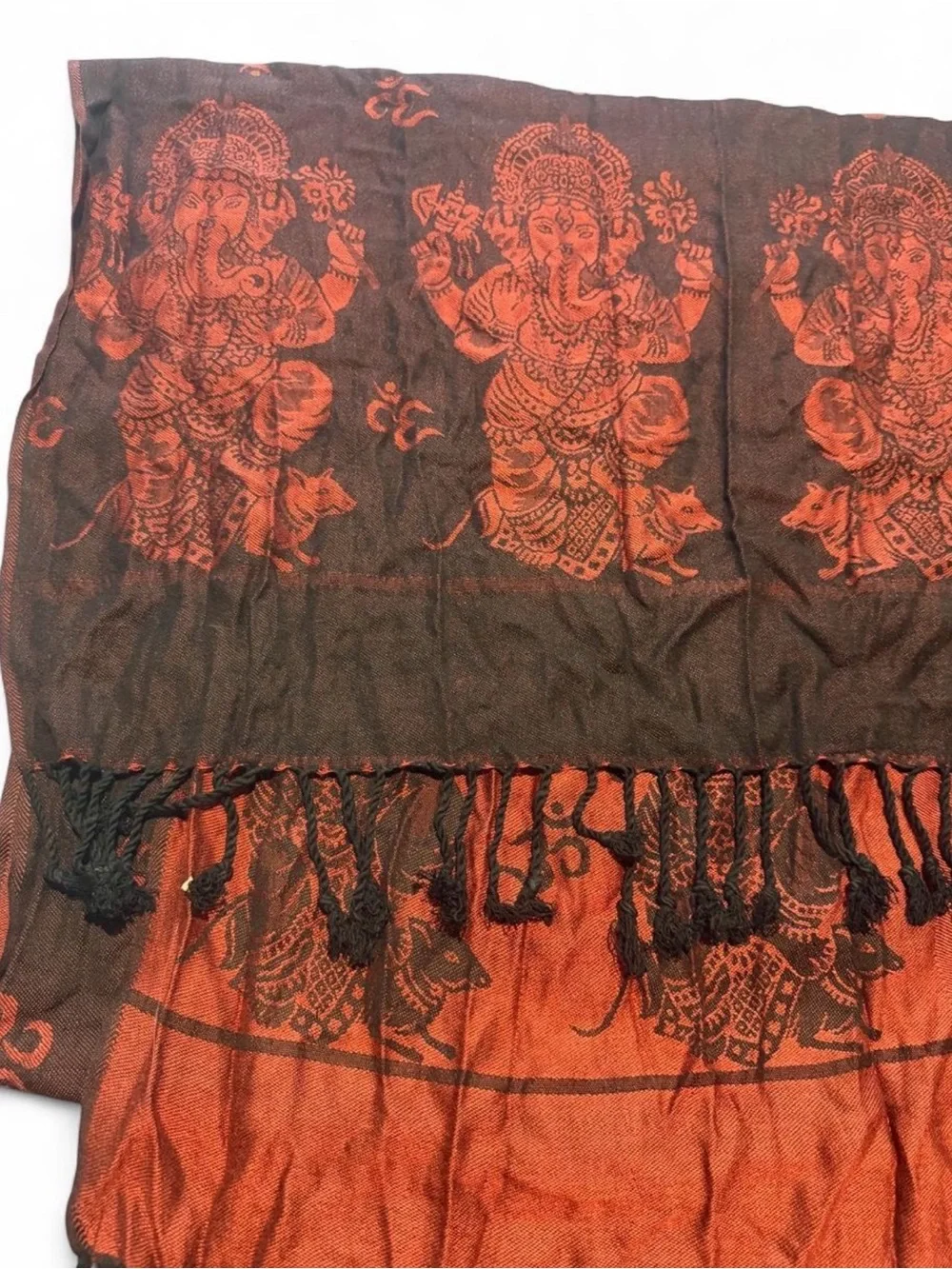 Brown & Orange Decorative Fringe Scarf with Ganesha Motif